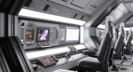 Fototapeta premium Futuristic spaceship interior with control panels and seats.