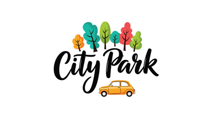Naklejka premium Colorful City Park typography design featuring a variety of stylized trees in different colors and a small orange vintage car below the text.