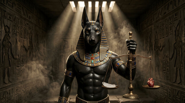 Realistic depiction of Anubis the jackal headed god weighing a heart against the feather of Maat in an ancient Egyptian tomb