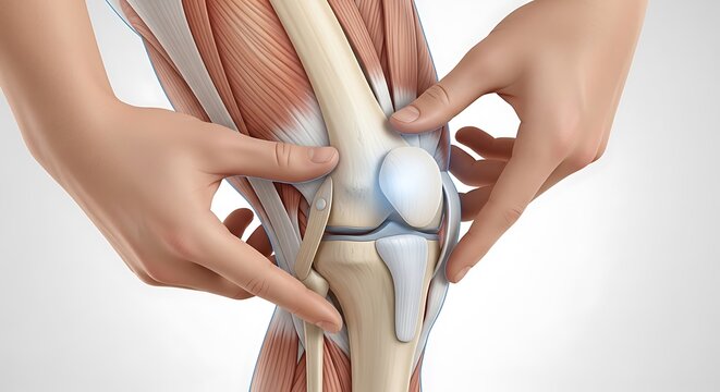 Detailed anatomical illustration of a human knee joint with hands.