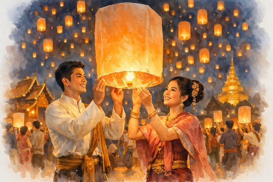 Watercolor Northern Thai Lantern Festival Night Sky Lanterns Romantic Cultural Scene