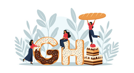 Naklejka premium Diverse group of people standing around giant alphabet letters made of sweets and pastries, celebrating a bakery theme concept.