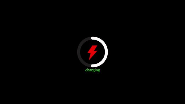 Battery charging animation with a power icon isolated on a black background.