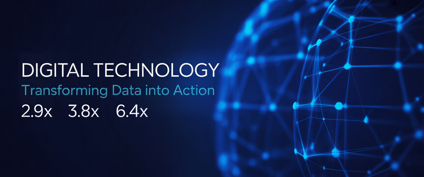 digital technology concept transforming data into action with global network visualization, showcasing efficiency improvement 2.9x, 3.8x, 6.4x, modern innovation, big data, future tech