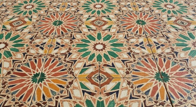 a detailed perspective of a traditional Moroccan zellige (zellij) mosaic floor, featuring a series of large, interlocking star-shaped mandalas.
