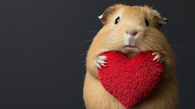 Adorable light brown guinea pig hugging a textured red heart, looking forward, against a dark gray backdrop