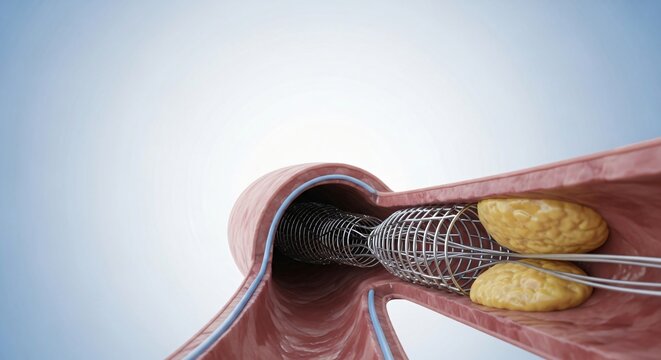 Medical illustration of a stent being deployed inside a blood vessel with plaque buildup