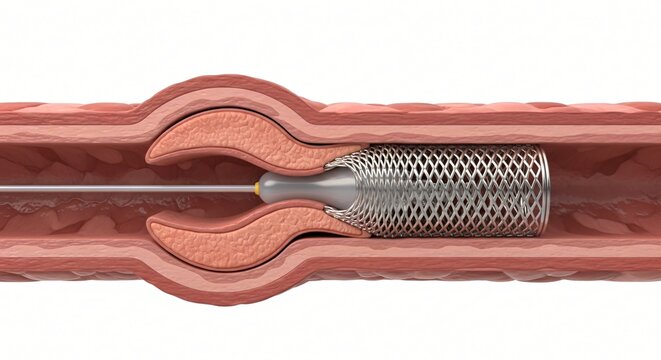 Coronary artery stent placement procedure showing collapsed plaque and expanded stent