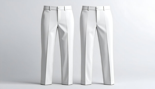 Two plain white trousers stand upright on a neutral background, front and center
