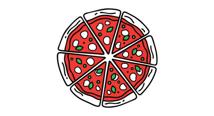 A cartoon pizza cut into eight slices, with tomato sauce, mozzarella, and basil. Black outlines on white background