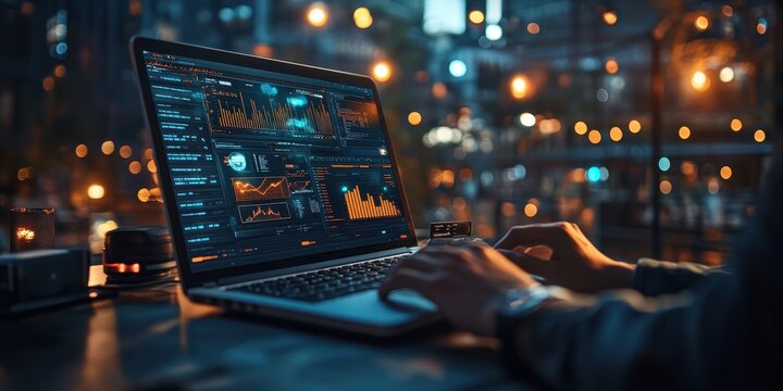 A person working on a laptop displaying data analytics and graphs in a dimly lit urban setting at night.
