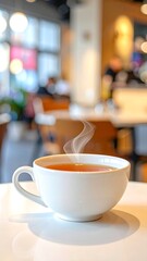 Fototapeta premium A steaming cup of tea on a table in a blurred cafe interior