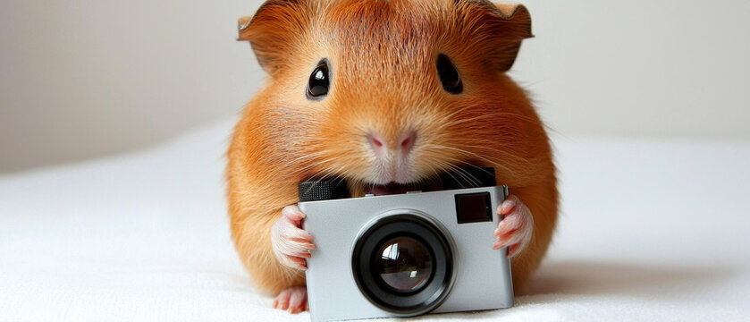 Adorable orange guinea pig holds a miniature silver camera, looking directly at the viewer against a clean white background