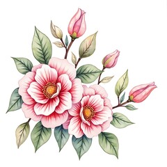 Obraz premium Pink Camellia Flowers Bouquet with Buds and Green Leaves