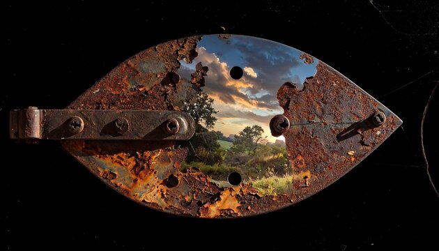 Rusty hinge framing a scenic landscape, blending decay and natural beauty together