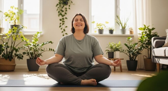 Cheerful Plus Size Woman Confidently Practicing Yoga in Bright Living Room