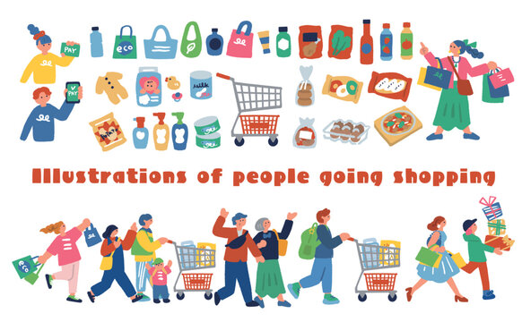 日常の買い物シーンと商品アイコンのセット