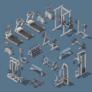 Collection of various gym equipment and machines.