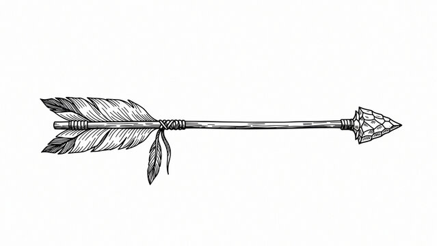 Traditional Feathered Arrow Sketch - Authentic Tribal Archery. Single horizontal arrow with detailed feather fletching. An authentic representation of Indigenous hunting tools and artistry.