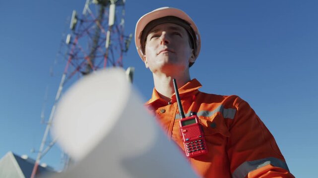 Telecom engineer checking blueprint for 5G network expansion