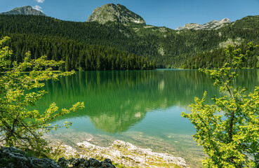 Fototapeta premium Emerald mountain lake with perfect reflections of forest and peaks, framed by trees. Scenic nature landscape ideal for travel, relaxation and outdoor themes. Copy space in water and sky.