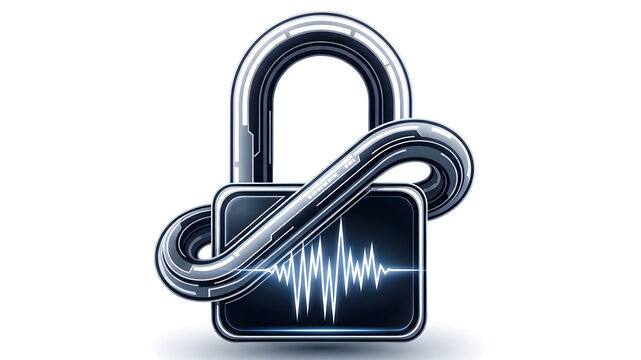 3D Cyber Security Padlock Icon with Glowing Voice Recognition Waveform and Metallic Infinity Shackle for Biometric Authentication and Advanced Data Encryption