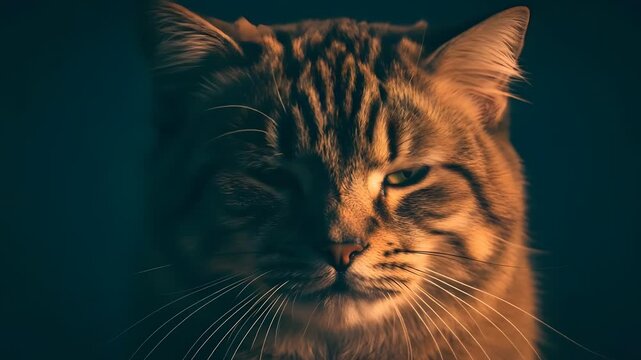 Close-up of a Relaxed Fluffy Cat in Moody Lighting