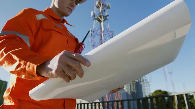 Telecom engineer checking blueprint for 5G network expansion