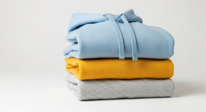 Stack of folded sweatshirts isolated on white background