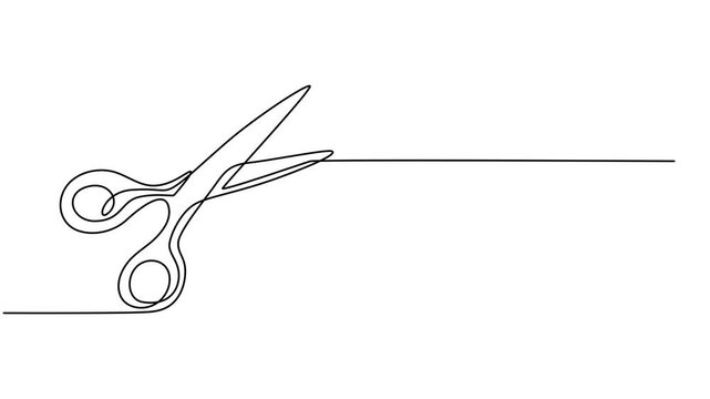 scissors cutting continuous one line drawing animation, scissors continuous one line drawing animation, Animation of a single line drawing of scissors. Continuous contour movement of scissors.