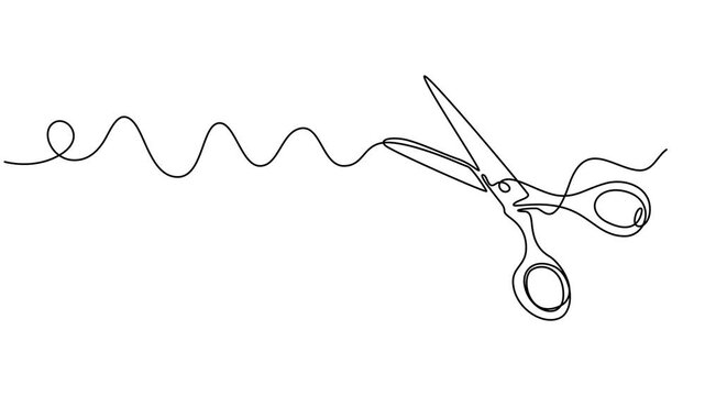 scissors cutting continuous one line drawing animation, scissors continuous one line drawing animation, Animation of a single line drawing of scissors. Continuous contour movement of scissors.