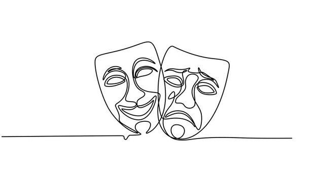 theatrical masks continuous one line drawing animation, Self drawing line animation Comedy and tragedy line theater masks feelings continuous one single line drawn concept video, Self drawing line