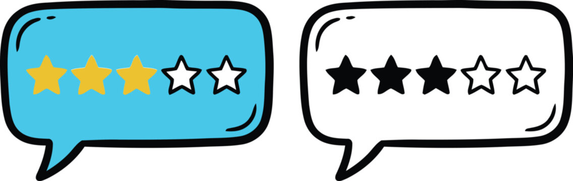 Hand drawn doodle style customer feedback speech bubble with three star rating vector illustration representing online average evaluation, service review, and client opinion.