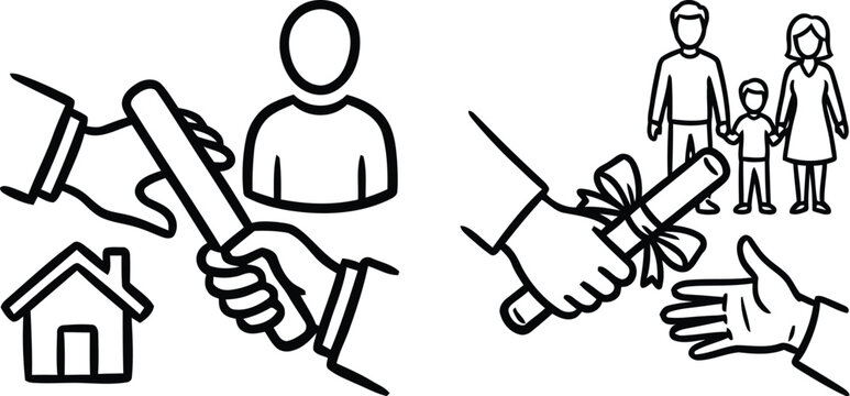 Hand drawn doodle style passing the baton and handing over a rolled diploma certificate vector illustration representing family estate planning, inheritance, and generation succession.
