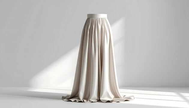 Elegant long skirt on a stand, showcasing soft fabric and sunlight