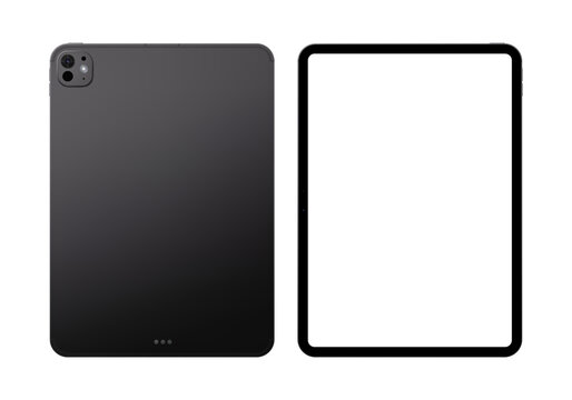 Photorealistic detailed modern black tablet mockup. Front and rear view isolated on transparent background. Vector PNG