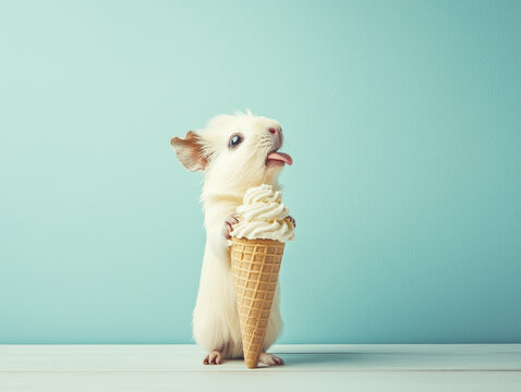 A cute white fluffy animal stands, holding a vanilla ice cream cone, tongue out, on a light blue background