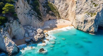 Obraz premium Hidden Beach Paradise - Turquoise Waters and Towering Cliffs of Zakynthos.