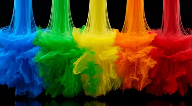 Vibrant rainbow ink clouds swirling in water, colorful acrylic paint explosion on black background, abstract liquid art motion 4k