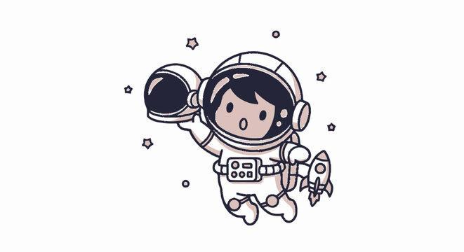 Cute Cartoon Astronaut Floating in Space with Rocket and Helmet.