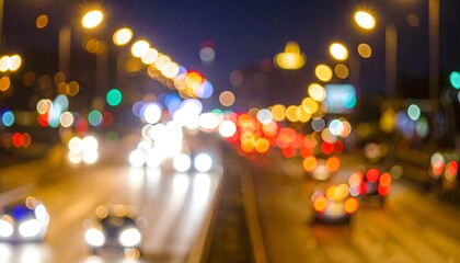 Fototapeta premium Fondo urbano desenfocado de tráfico nocturno con luces bokeh de coches en una carretera concurrida