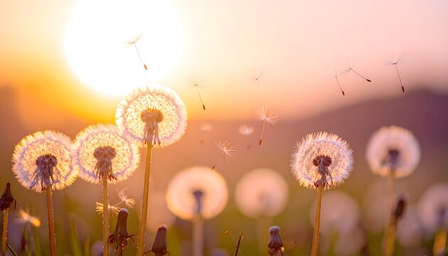 Dientes de le&oacute;n iluminados por el atardecer con semillas flotando en un prado en primavera