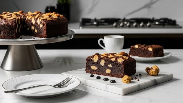A slice of chocolate cake with nuts on a white plate with a fork and knife on the side and a cake stand in the background
