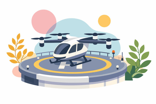 Modern Electric Passenger Drone on Helipad Platform Illustration