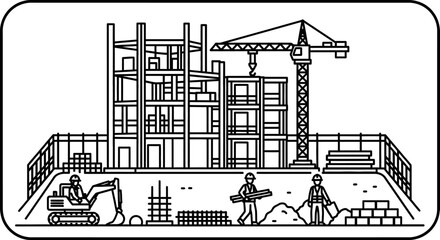 Construction workers with excavator and crane. © fadli