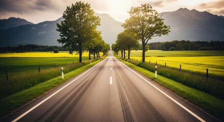 Fototapeta premium Celebrating world photography day scenic road through golden fields and majestic mountains