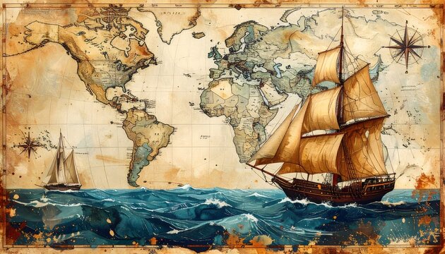Ilustraci&oacute;n vintage de velero navegando sobre el mar frente a un antiguo mapa del mundo en estilo cartogr&aacute;fico cl&aacute;sico