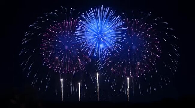Blue and purple fireworks explosion, vibrant pyrotechnic display, festive night sky