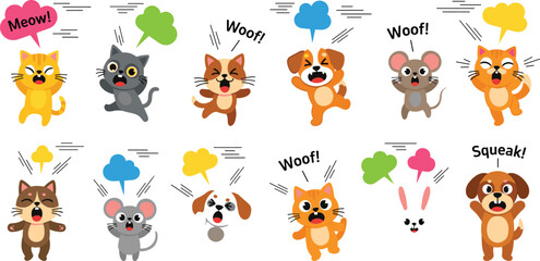 Obraz premium Cute Animal Cartoon Character Illustration Set Featuring Cats, Dogs, Mouse, Rabbit with Funny Expressions and Speech Bubbles for Kids Design