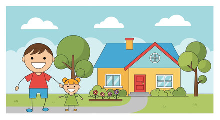 Obraz premium Happy children with a cozy house and trees on transparent background silhouette
